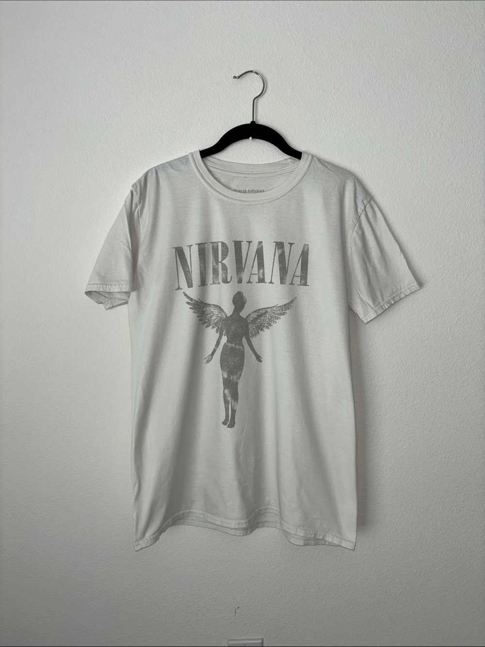 NIRVANA White Short Sleeve Tee with Gray Angel Graphic